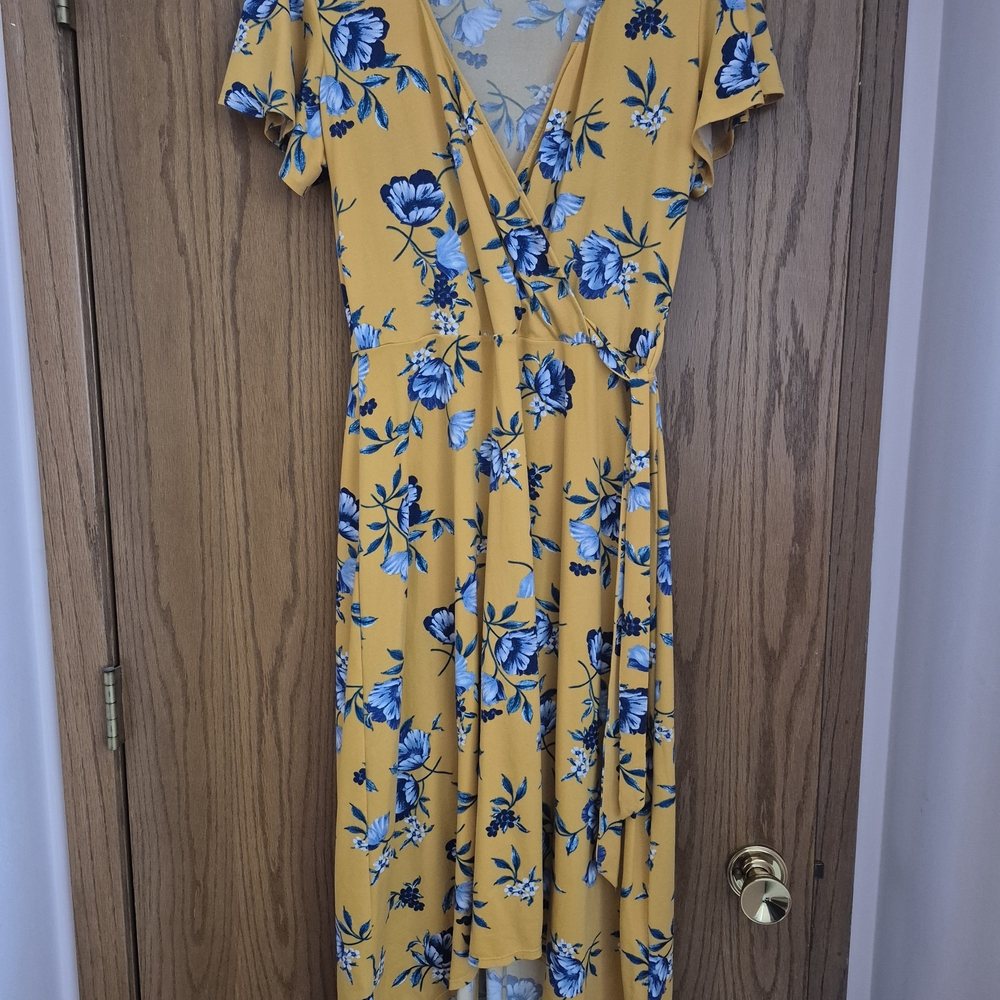 Women's Dress Large- Yellow and Blue Floral High Low